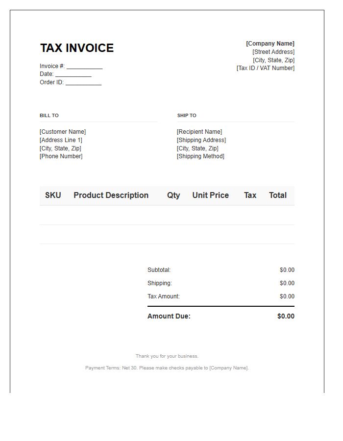 Product Fulfillment Tax Invoice Template