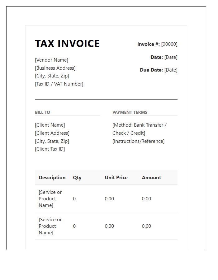 Professional Vendor Tax Invoice Template