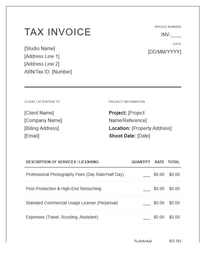 Architectural Photography Studio Tax Invoice Template