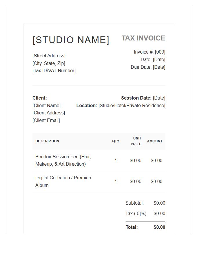 Boudoir Photography Studio Tax Invoice Template