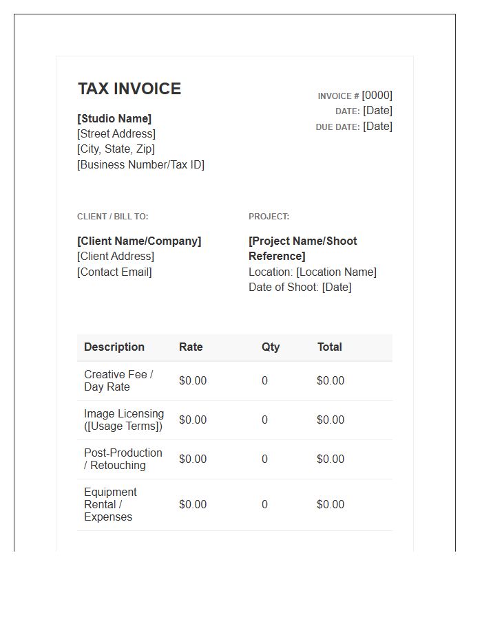 Commercial Photography Studio Tax Invoice Template