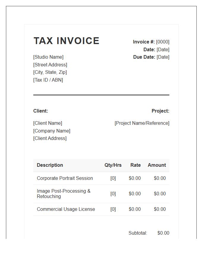 Corporate Photography Studio Tax Invoice Template