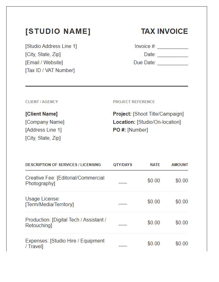 Editorial Photography Studio Tax Invoice Template
