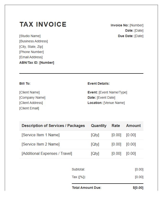 Event Photography Studio Tax Invoice Template