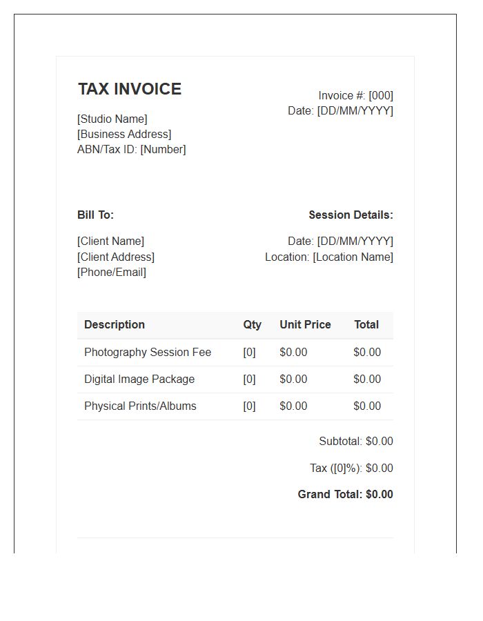 Family Photography Studio Tax Invoice Template
