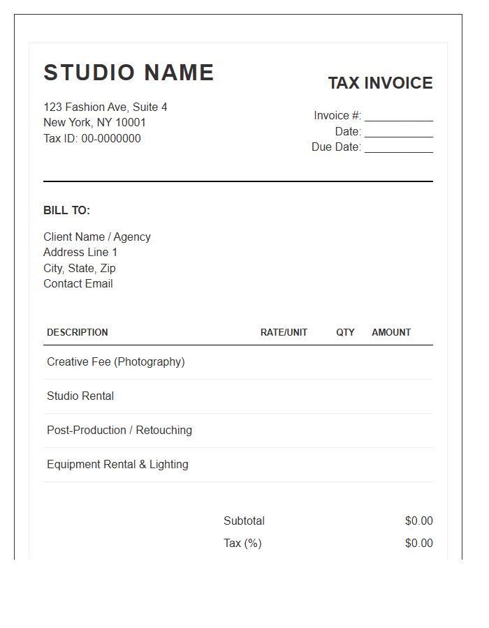 Fashion Photography Studio Tax Invoice Template