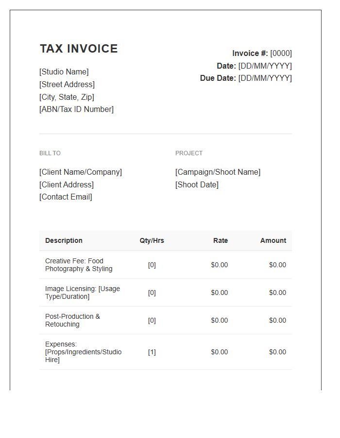 Food Photography Studio Tax Invoice Template