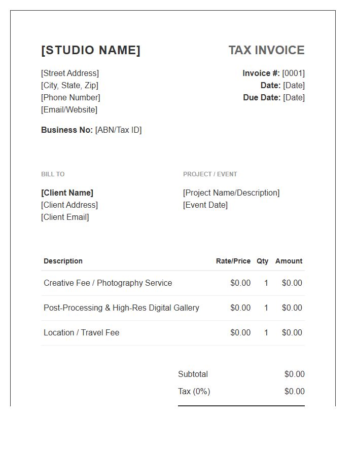 Freelance Photography Studio Tax Invoice Template