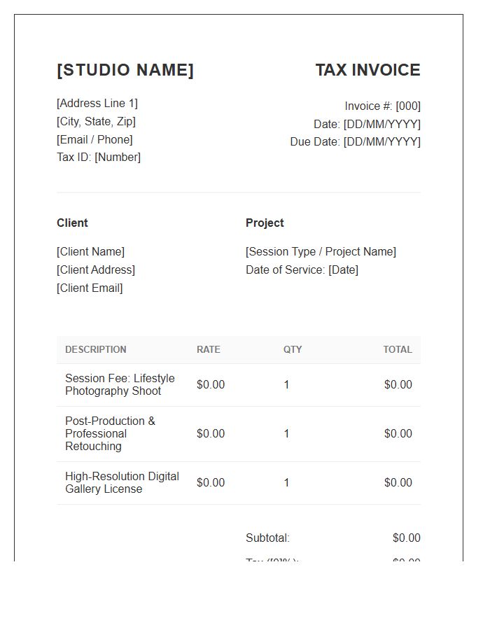 Lifestyle Photography Studio Tax Invoice Template