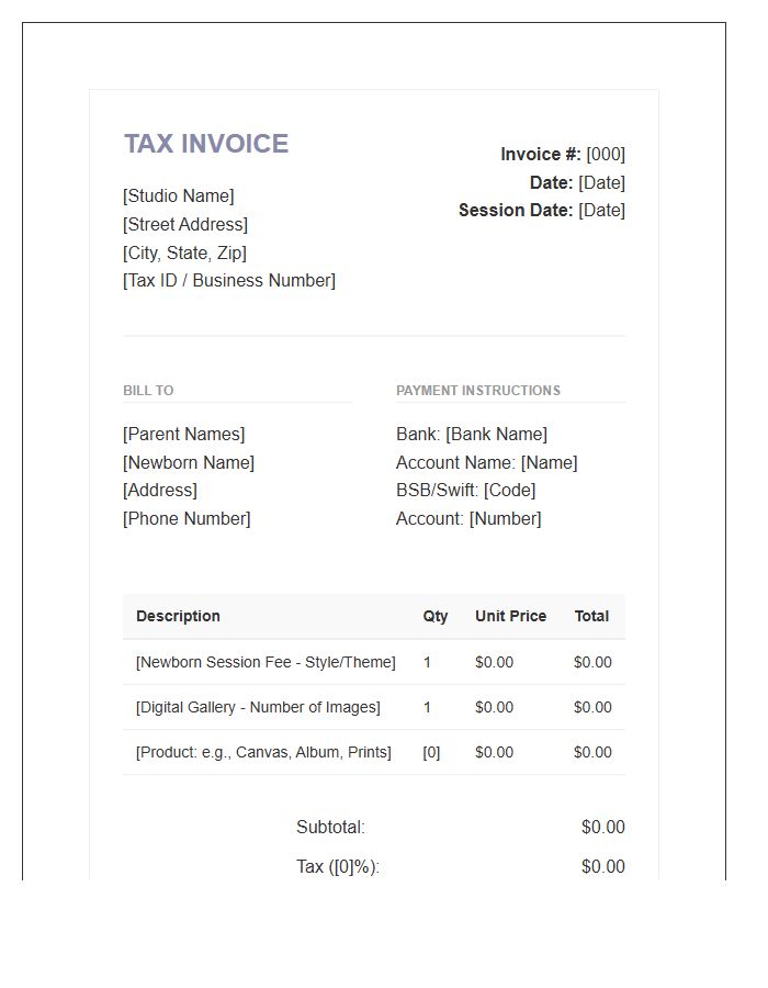 Newborn Photography Studio Tax Invoice Template