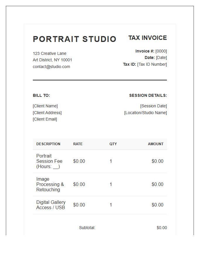 Portrait Photography Studio Tax Invoice Template