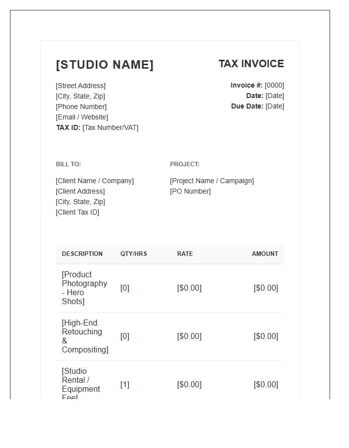 Product Photography Studio Tax Invoice Template