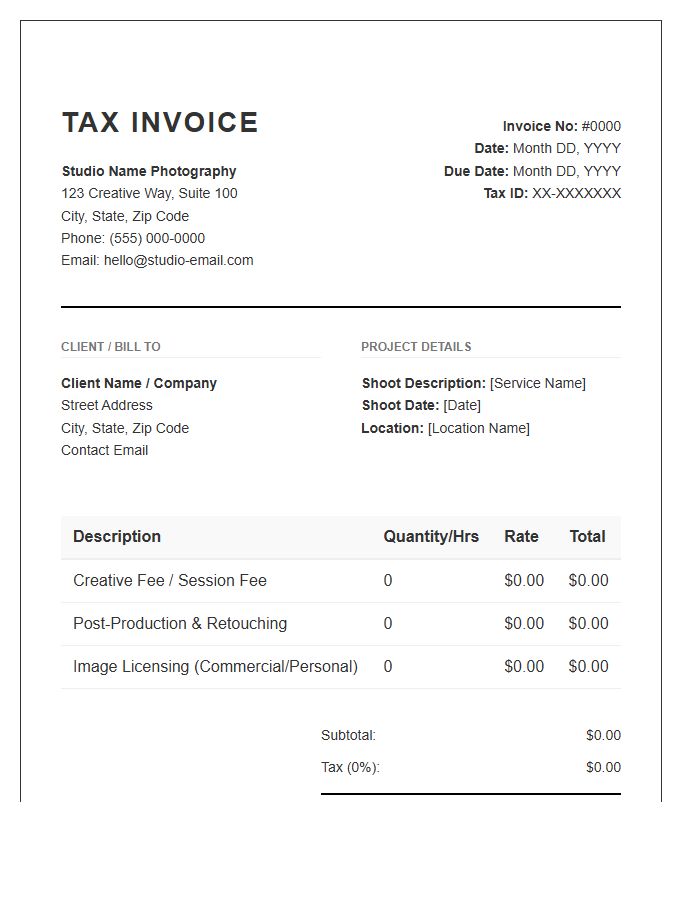 Professional Photography Studio Tax Invoice Template