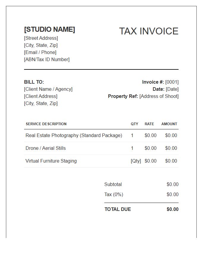 Real Estate Photography Studio Tax Invoice Template