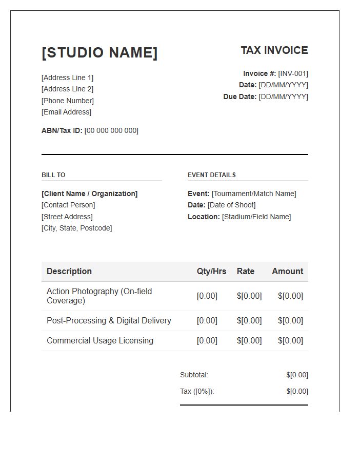 Sports Photography Studio Tax Invoice Template