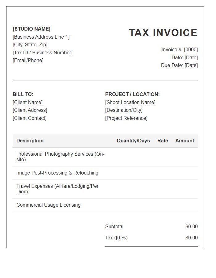 Travel Photography Studio Tax Invoice Template