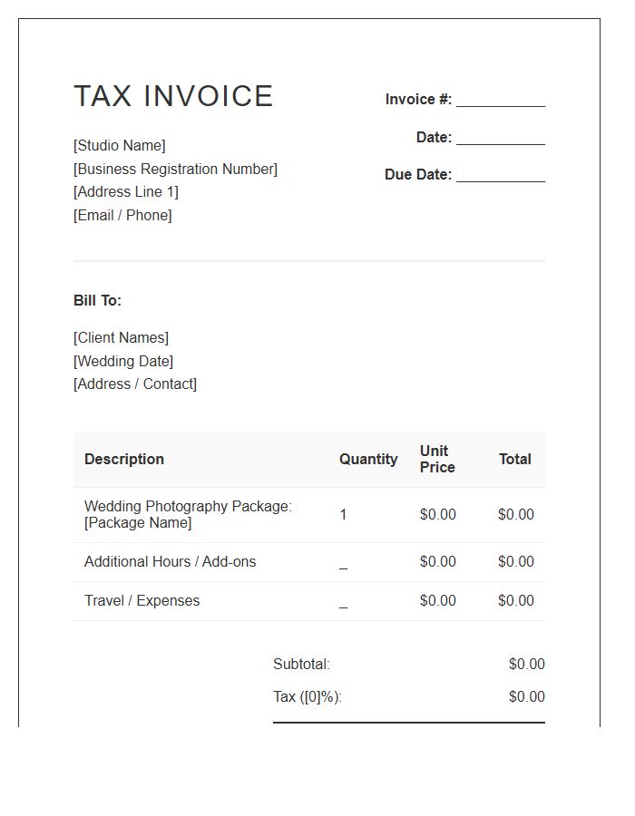 Wedding Photography Studio Tax Invoice Template