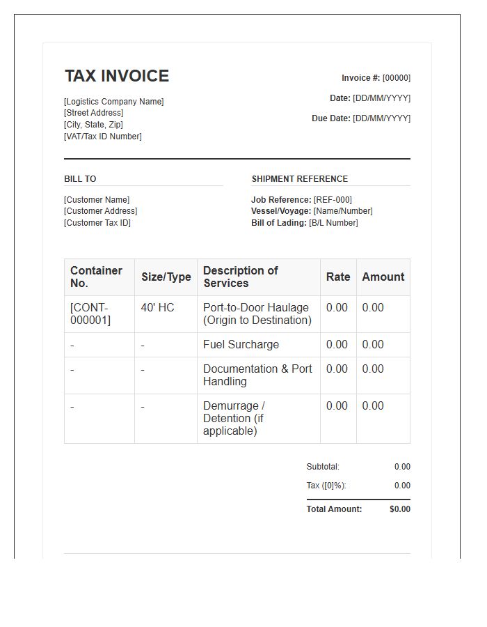 Container Haulage Logistics Tax Invoice Template