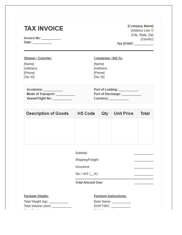 Global Shipping Documentation Tax Invoice Template
