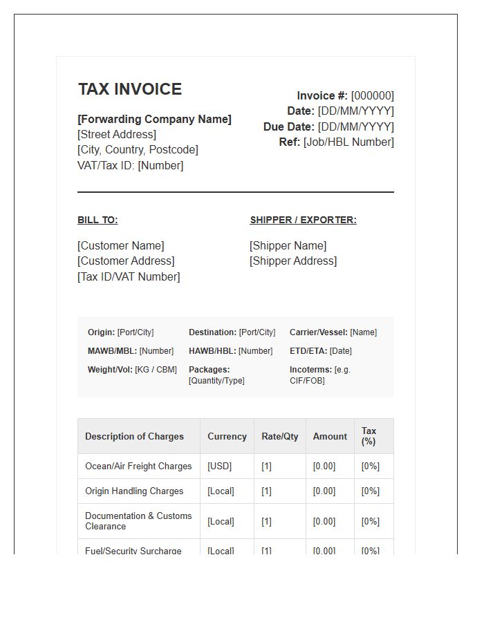International Freight Forwarding Tax Invoice Template