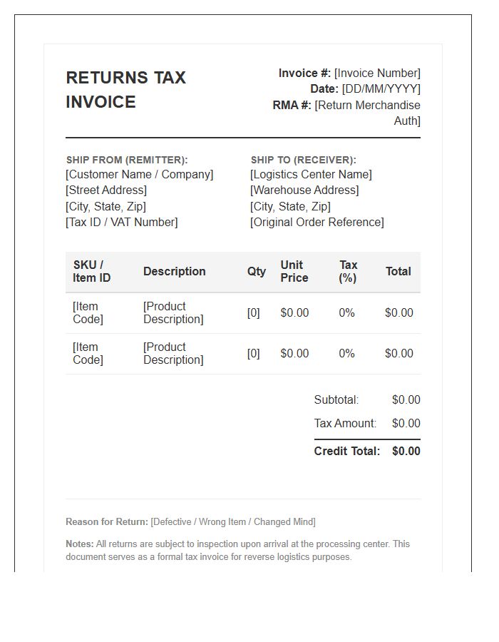 Reverse Logistics Returns Tax Invoice Template
