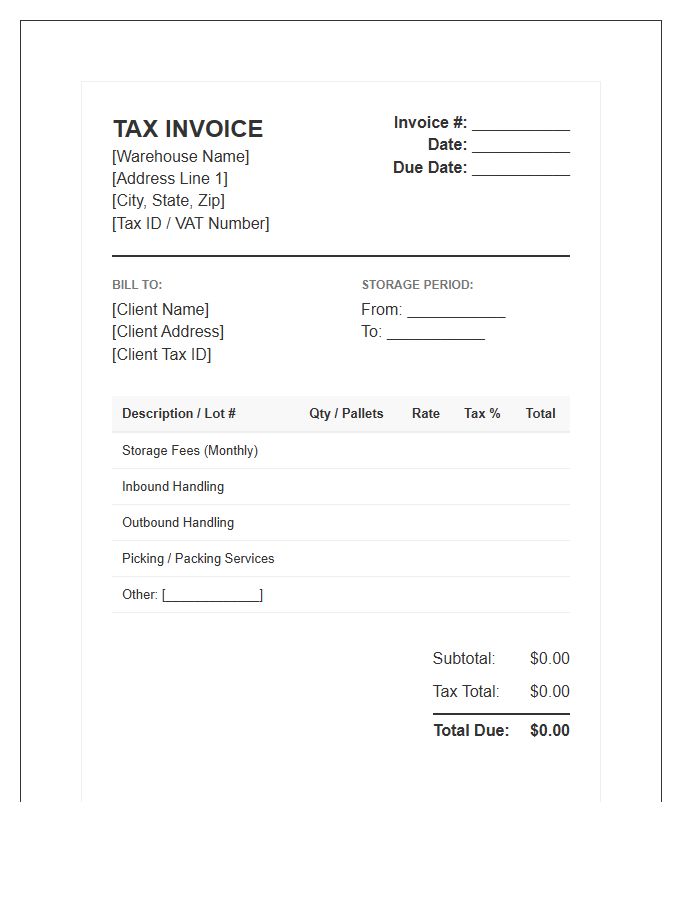 Warehousing And Storage Tax Invoice Template