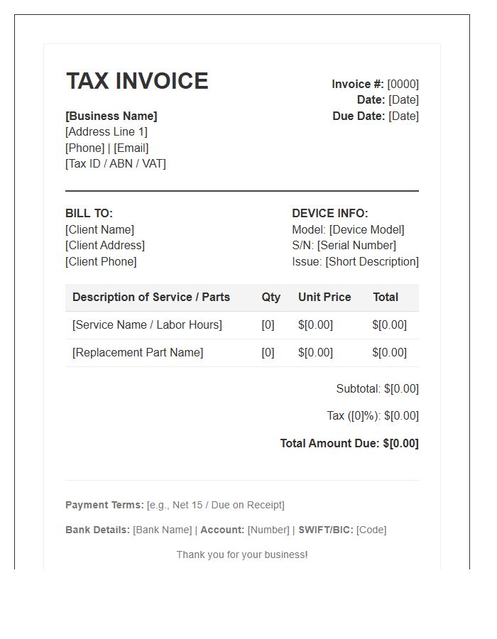 Computer Repair Services Tax Invoice Template