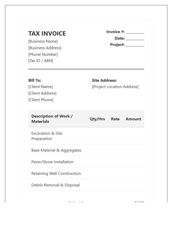 Hardscaping Project Tax Invoice Template