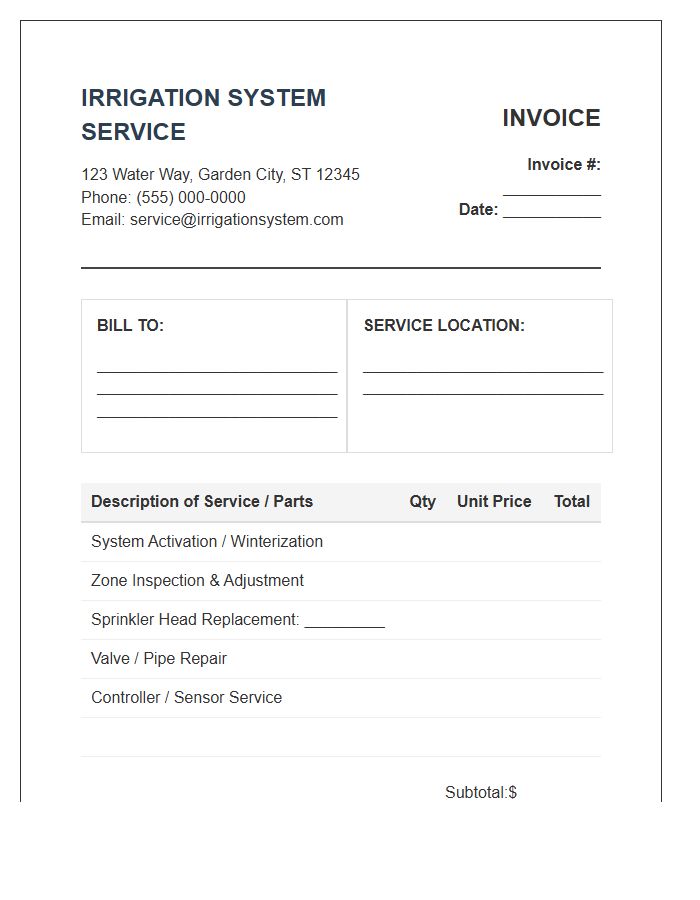 Irrigation System Service Invoice Template