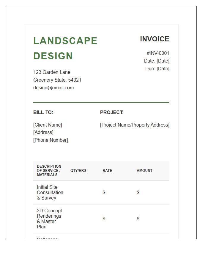 Landscape Design Service Invoice Template
