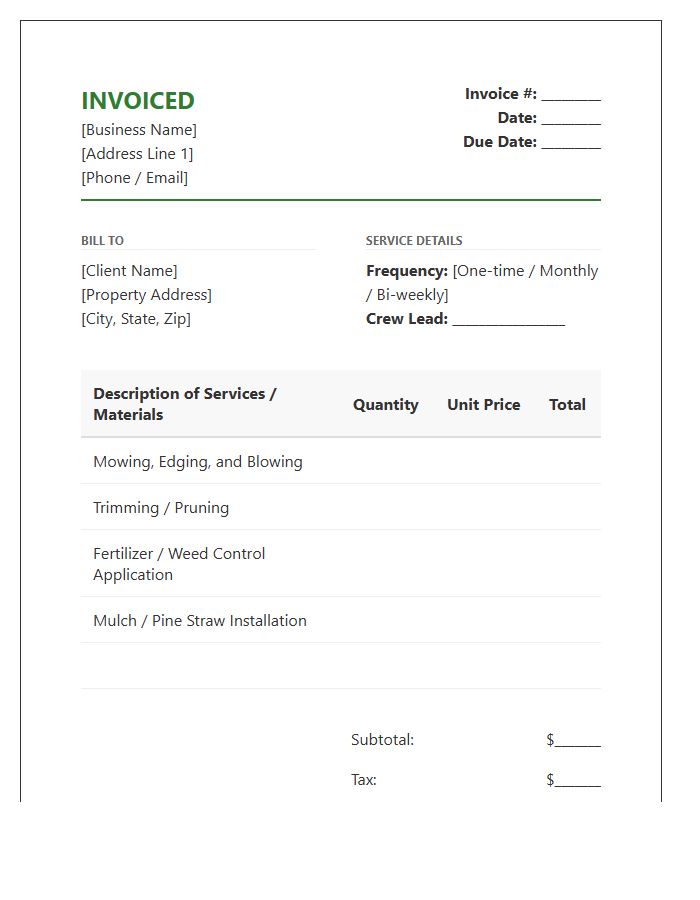 Residential Landscaping Service Invoice Template