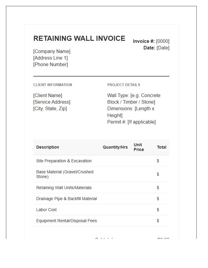 Retaining Wall Construction Invoice Template