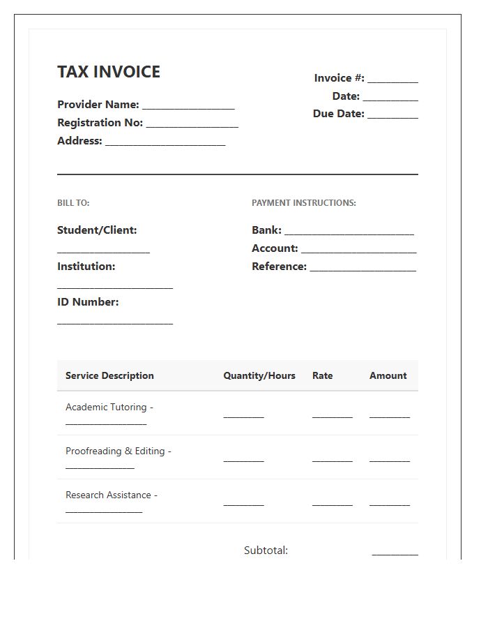 Academic Support Tax Invoice Template