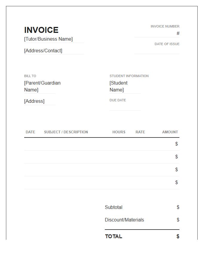 After School Tutoring Invoice Template