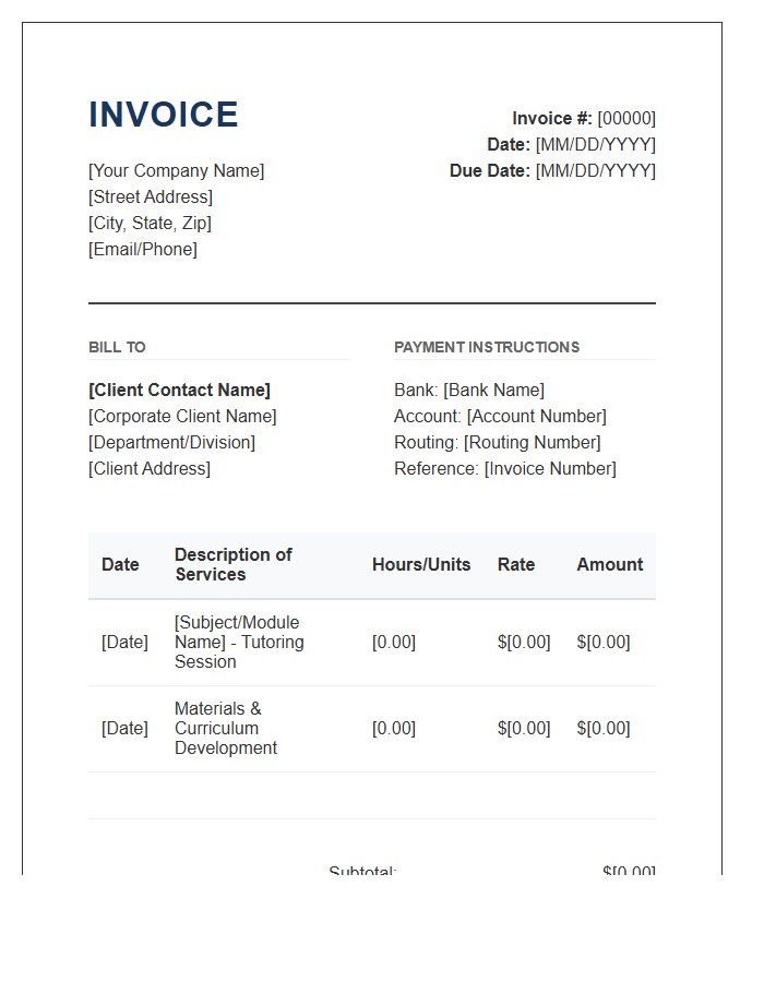 Corporate Tutoring Services Invoice Template
