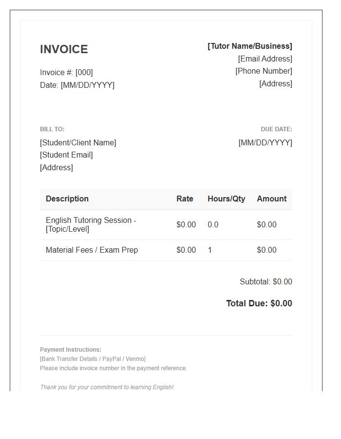 English Language Tutoring Invoice Template
