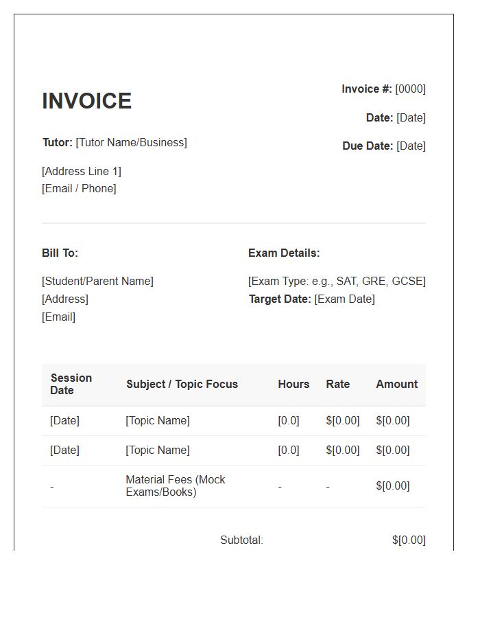 Exam Preparation Tutoring Invoice Template