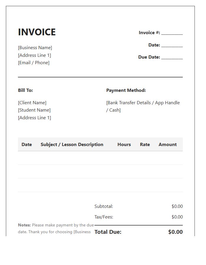 Home Tutoring Business Invoice Template