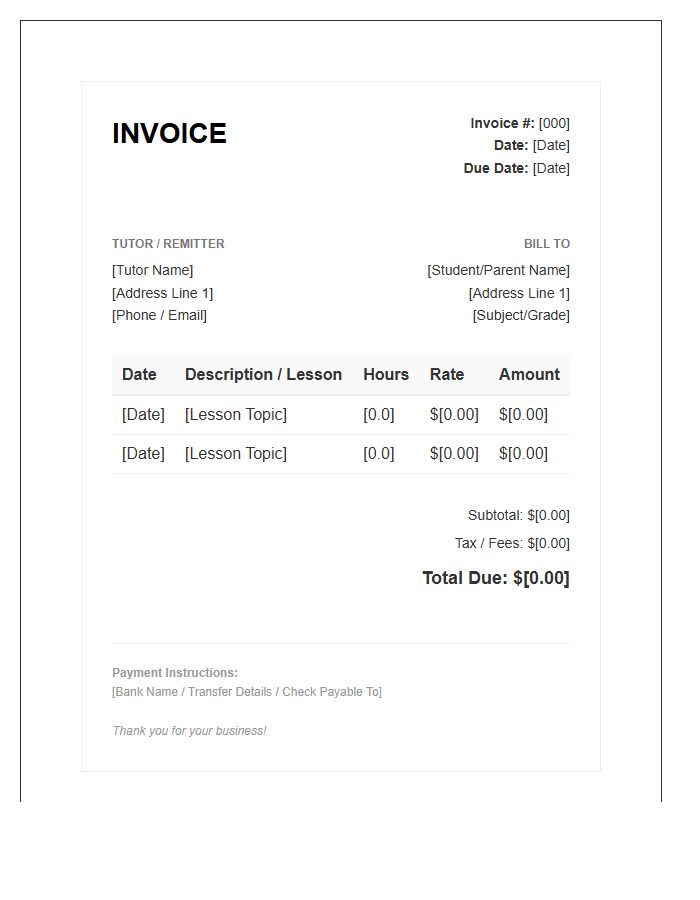 In Home Tutor Invoice Template