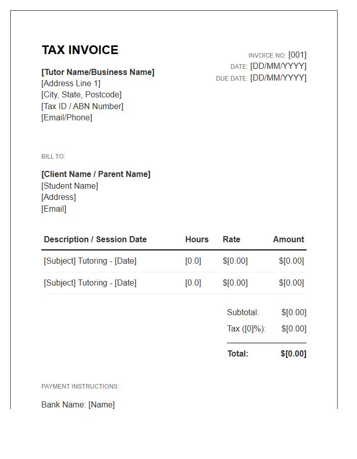 Independent Tutor Tax Invoice Template