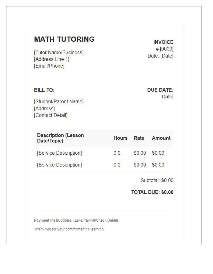 Math Tutor Service Invoice Template