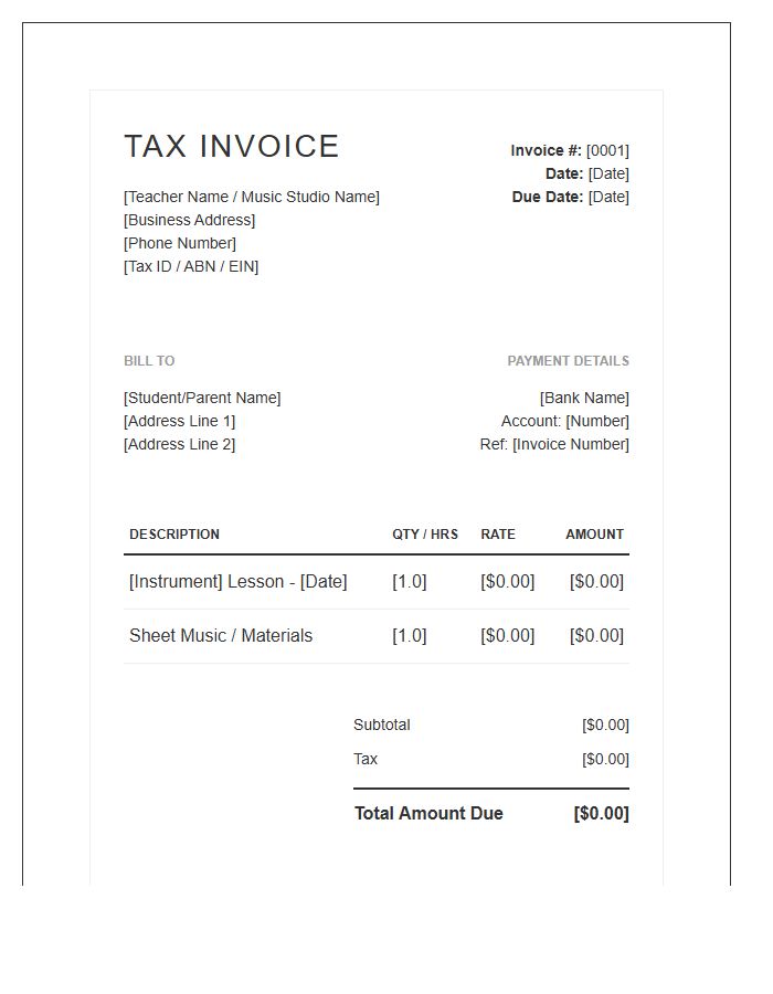 Music Teacher Tax Invoice Template