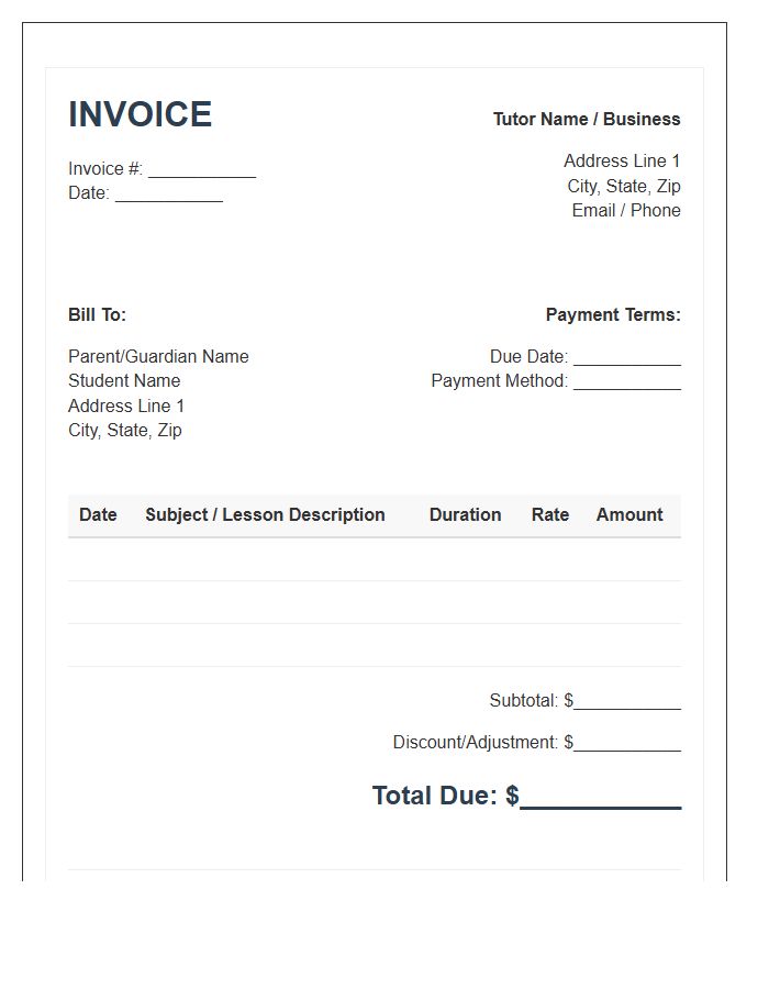 Primary School Tutor Invoice Template