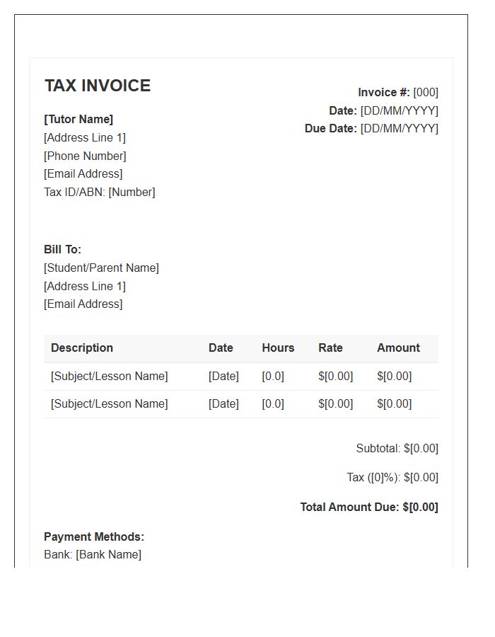 Private Tutor Tax Invoice Template