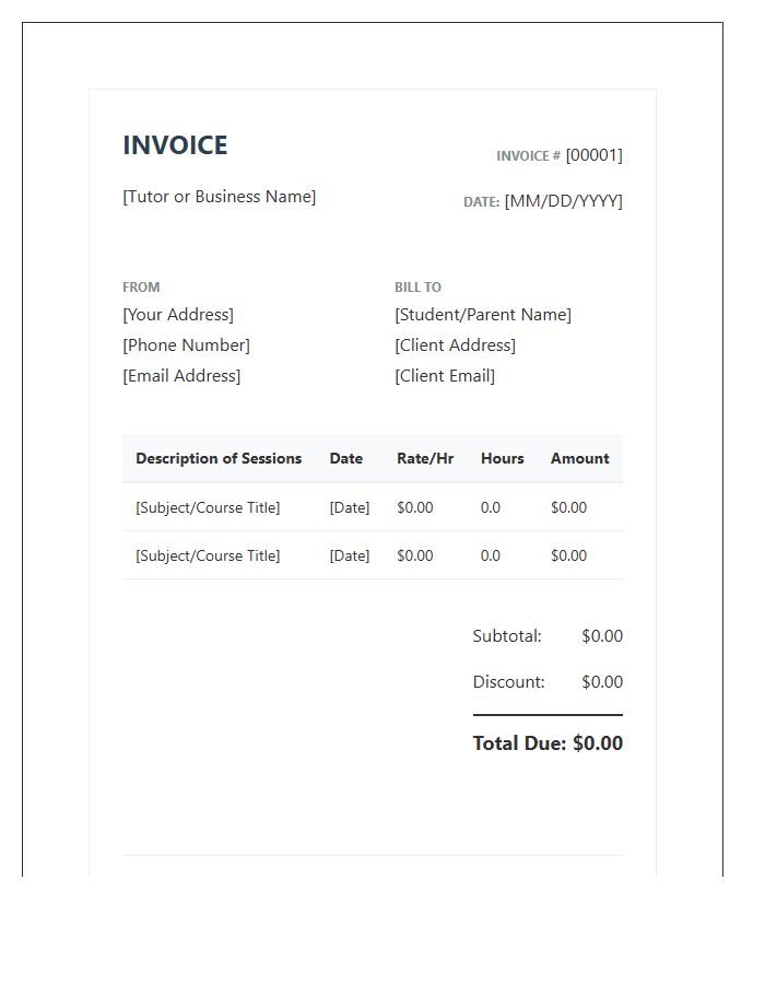 Professional Tutoring Services Invoice Template