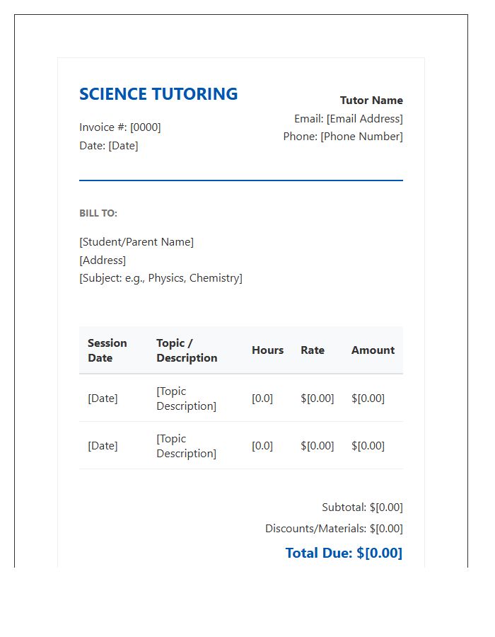 Science Tutoring Session Invoice Template