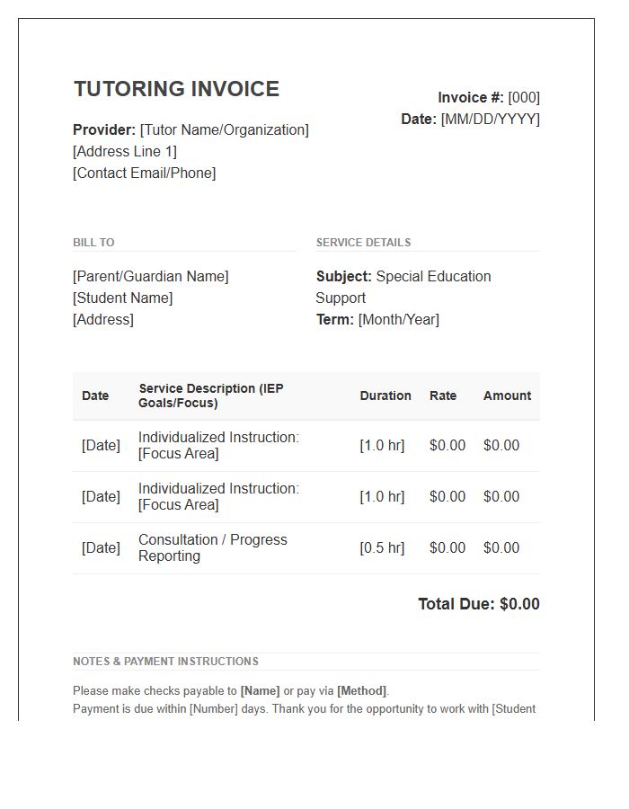 Special Education Tutoring Invoice Template