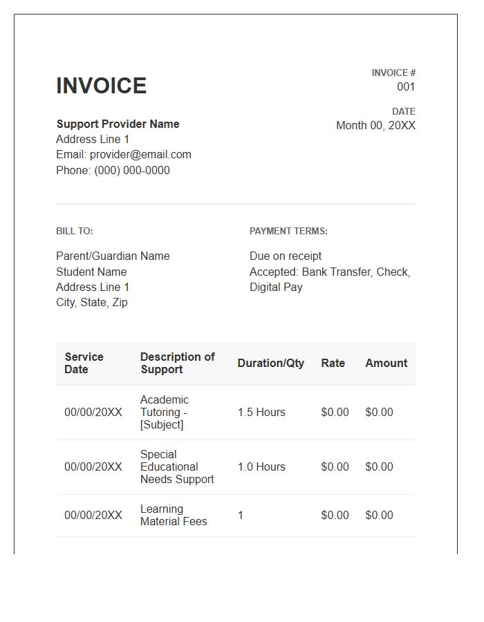 Student Learning Support Invoice Template
