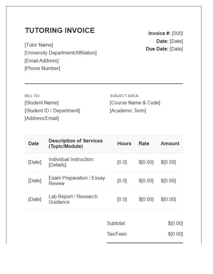 University Level Tutoring Invoice Template
