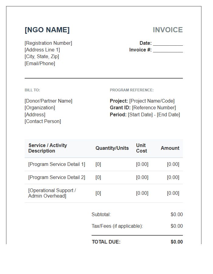 NGO Program Service Invoice Template